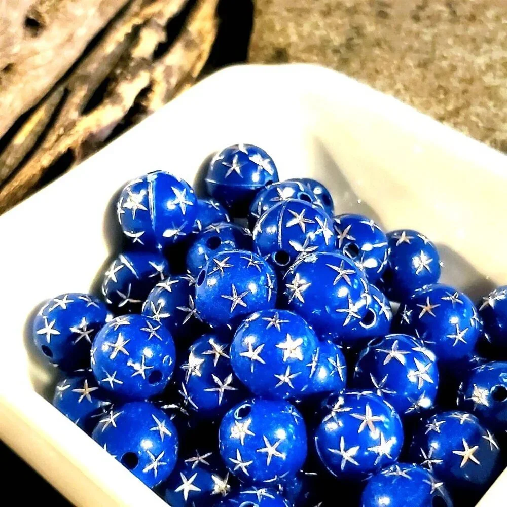 Vintage Retro Cobalt Blue Silver Stars 12mm Round Acrylic Shabby Beads 10 pcs